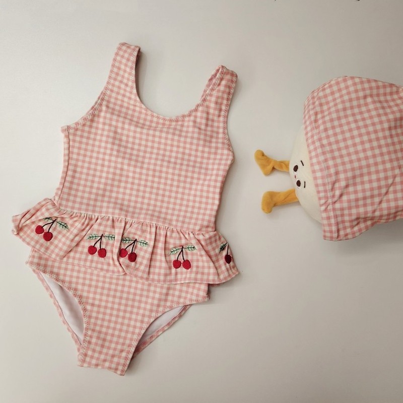 女の子ストラップワンピース水着2025夏新作ピンク格子チェリー北欧赤ちゃんプリンセス子供水着|undefined