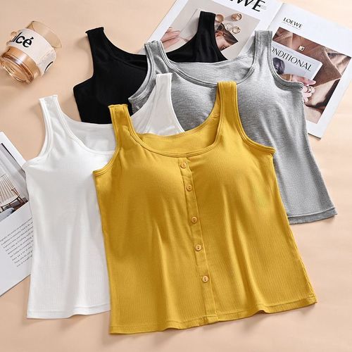 Women's Underwear Tank Top, Slip-On Bodysuit, Thin, Versatile, Beautiful Back Design, Button Closure, Modal, One-Piece with Bra Cups, Wrap Bodice, Bustier