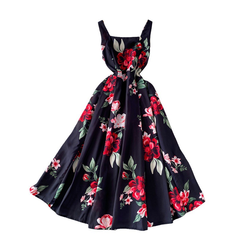 Romantic Floral Print Square Neck Dress European American Style Summer Suspender High Waist Cinching Slimming Full Skirt Women's Clothing_ecoleips.com