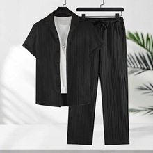 跨境外贸夏季早秋新款西装领短袖长裤单排扣套装男士时尚潮流款