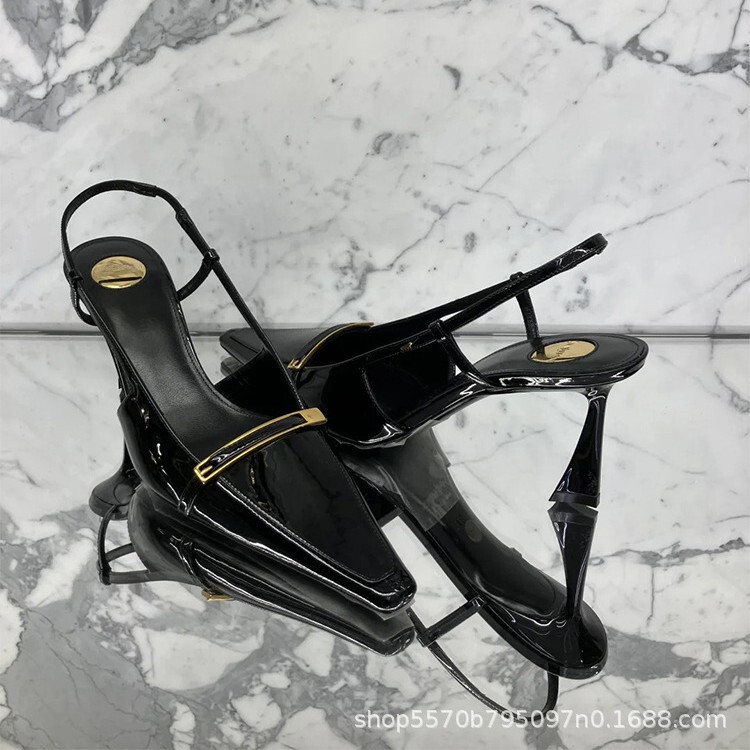 Yangshulin 2025 Spring/Summer Women's Patent Leather High Heels with Metal Long Buckle, Open Back, Pointed Toe, Stiletto Heels