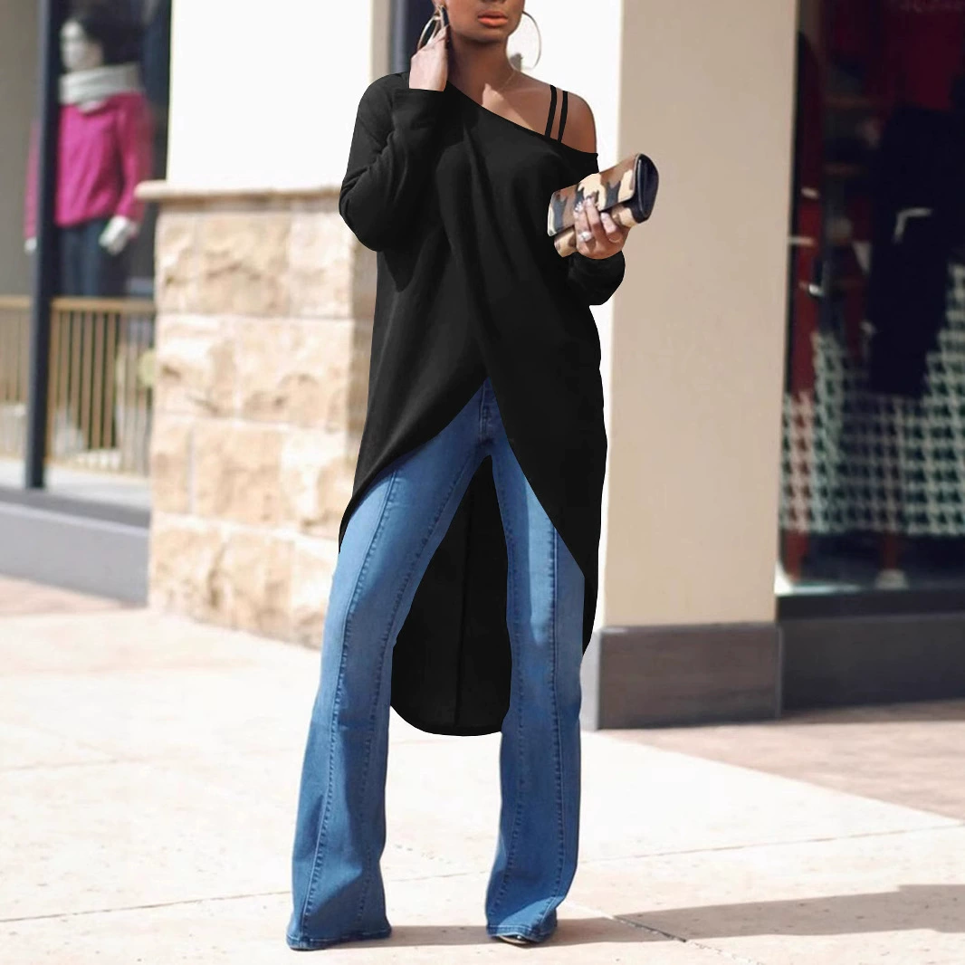 Европейская и американская женская одежда, осенне-зимняя новая модная повседневная свободная футболка с открытыми плечами на подтяжках нестандартной формы