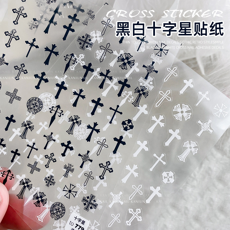 Crocore Nail Art Stickers Gothic Retro Black and White Simple Cross Nail Adhesive Decals Henna Stickers Wholesale Crocore Nail Art Stickers Gothic Retro Black and White Simple Cross Nail Adhesive Decals Henna Stickers Wholesale
