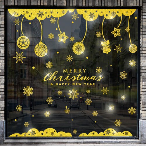 Gold Christmas Decorations Glass Sticker Door Sticker Shopping Mall Store Scene Decoration Wall Sticker Window Decal Self-Adhesive