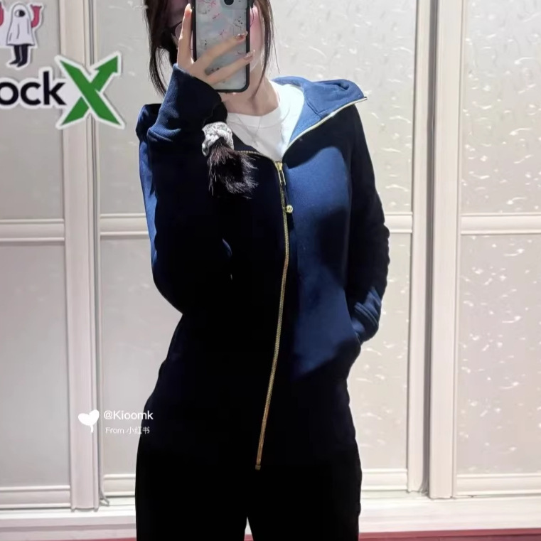 In-Stock Wholesale Lulu Navy Blue Gold Zipper Hooded Sweatshirt Scuba Women's Slim-Fit Zipper Jacket New