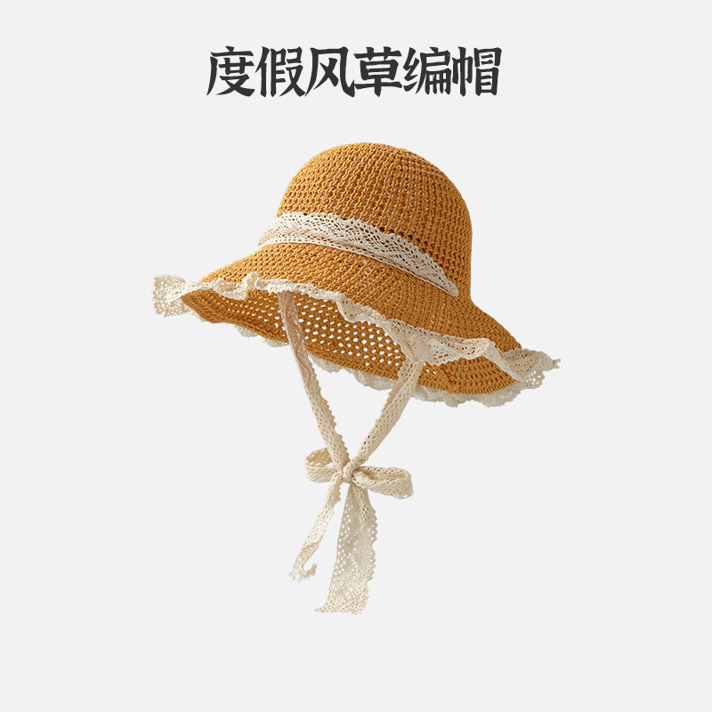 氛围感蕾丝草帽女夏季大帽檐编织渔夫帽海边沙滩遮阳防晒太阳帽子|undefined