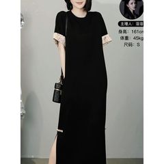 高级感洋气名媛风圆领小黑裙夏季新款设计感侧开叉显瘦A字裙7314