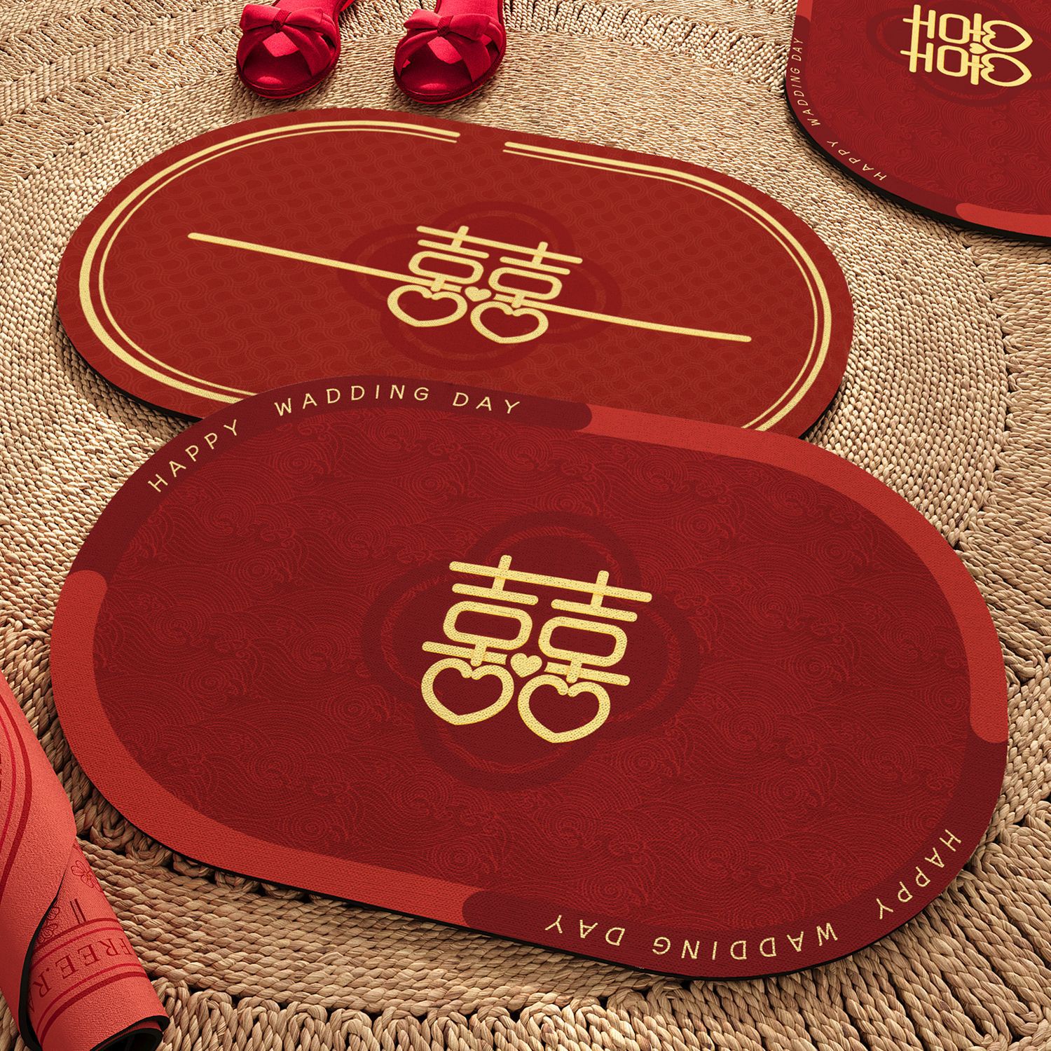 入户门地垫红色喜庆进门脚垫子硅藻泥蹭土防滑垫子家用门口地毯