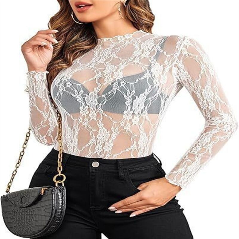Hot Girl Style French Lace Sun-Protective High-Neck Top, Long-Sleeve Sheer Lightweight Slim-Fit See-Through Mesh Short T-Shirt Hot Girl Style French Lace Sun-Protective High-Neck Top, Long-Sleeve Sheer Lightweight Slim-Fit See-Through Mesh Short T-Shirt