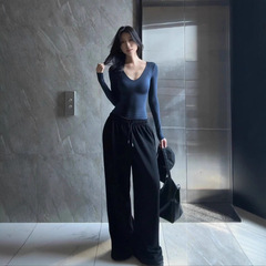 2025年新款美式复古辣妹V领正肩长袖款修身显瘦弹力紧身上衣