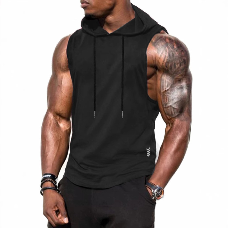 Cross-Border Muscle Fitness Men's Spring and Summer Sports Hooded Solid Color Sleeveless Sweatshirt Basketball Training Suit Loose and Breathable