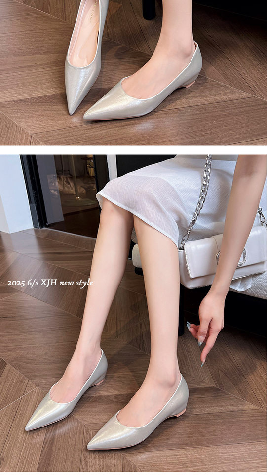 Giày cao gót nữ mũi nhọn tăng chiều cao bên trong, gót dốc 3 cm, da mềm, phối đồ công sở — Màu bạc, Màu mơ, Màu vàng nhạt chi tiết 10