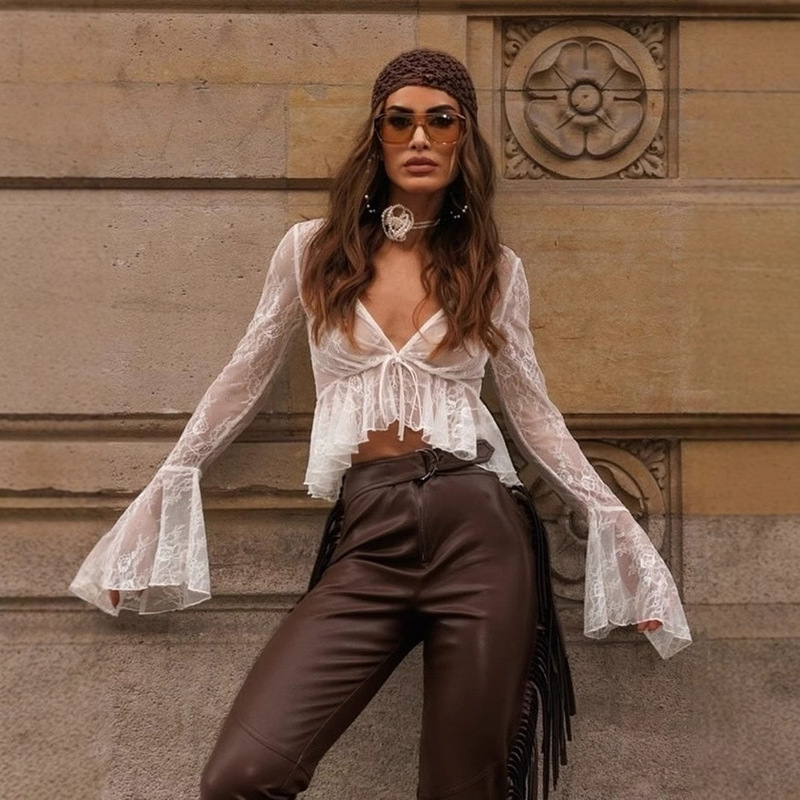 Bohemian Irregular Ruffle Blouse Top Mature Style Petal Sleeve Short Lace-Up Navel Exposed Long Sleeve Jacket Bohemian Irregular Ruffle Blouse Top Mature Style Petal Sleeve Short Lace-Up Navel Exposed Long Sleeve Jacket