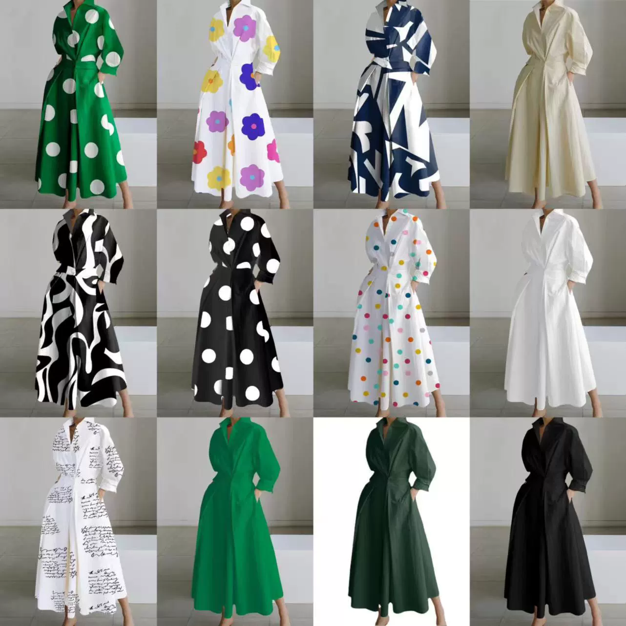 Европейское и американское трансграничное платье 2024 новый пригородной мода POLO с воротником с длинными рукавами эластина с большой талией