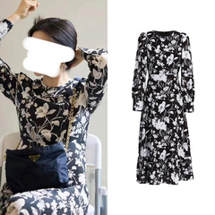 [現物] 朱珠同品砕花ワンピースファッション大衆デザイン感黒プリント修身膝丈ロングスカート女