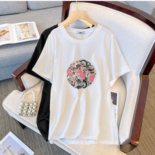 Deformation policy chubby girl plus size women's national style printed short-sleeved T-shirt loose slimming top 2024 Summer new fashion