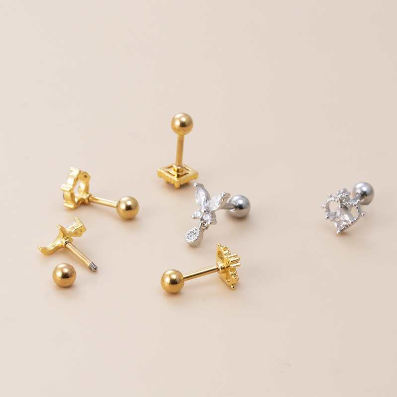 Moon, Water Droplets, Heart Shape Pattern 1 Piece 316L Stainless Steel Copper Zircon Ear Cartilage Rings & Studs Moon Water Droplets Heart Shape Waterproof Non Tarnish Surgical Steel