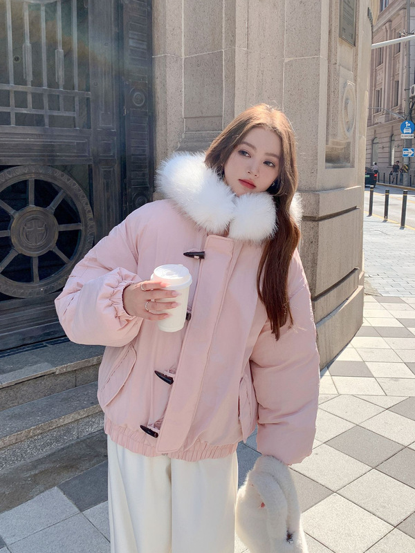 棉服女冬季牛角扣设计感大毛领加厚棉袄2025新款派克服棉衣外套|undefined