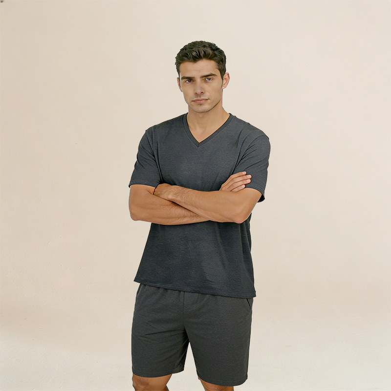 Cross-Border Popular Men's Loungewear Set, Peach Collar Short-Sleeve Solid Color Shorts, Can Be Worn Outside, Casual Home Wear Wholesale