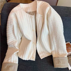 白色撞色条纹肌理感薄款棉服女秋冬新款高级感简约气质夹棉短外套