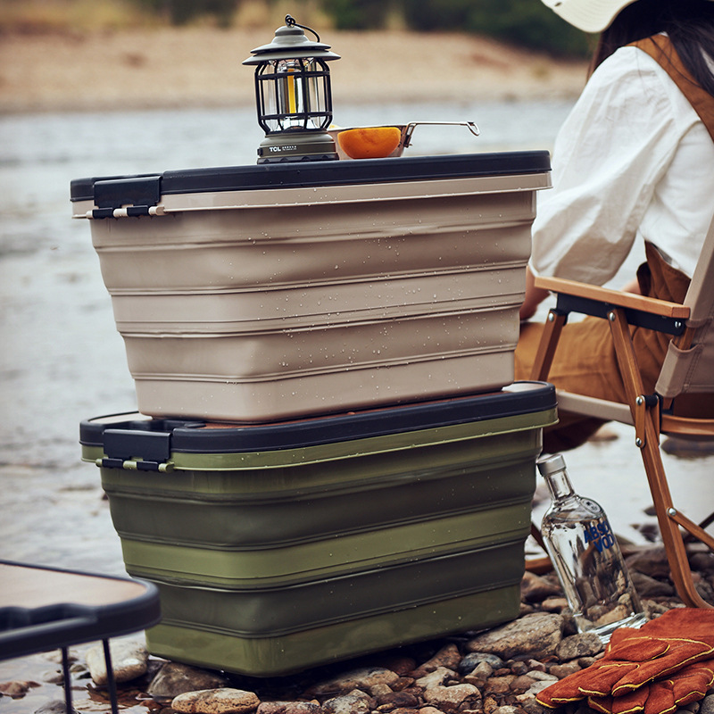 Caja plegable al aire libre Cesta de picnic Caja de almacenamiento Caja de almacenamiento Cubierta de madera engrosada Caja de almacenamiento de coche de camping multifuncional al aire libre