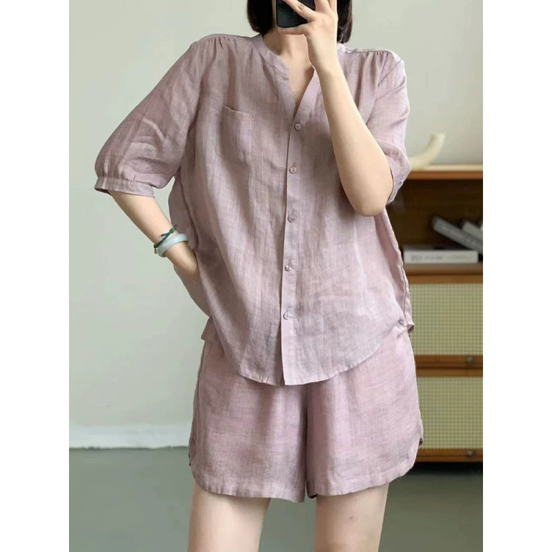 Элитный комплект из рами 2025: новая женская мода, тонкая блузка, широкие брюки, костюм для лета