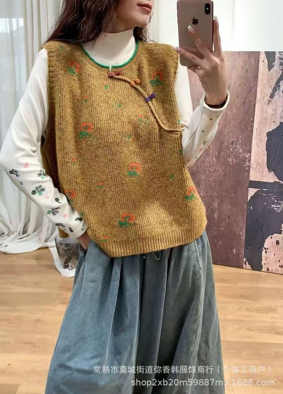 圆领国风盘扣针织马甲背心女2025早秋新款宽松外穿新中式毛衣马夹|undefined