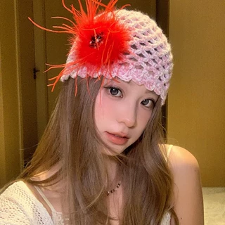 韩系手工钩织包头帽女复古高级感羽毛花朵镂空套头帽显脸小毛线帽