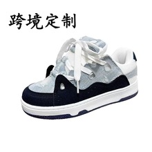 朗足跨境定 制男鞋ins小众原创复古厚底破洞牛仔面包鞋情侣滑板鞋
