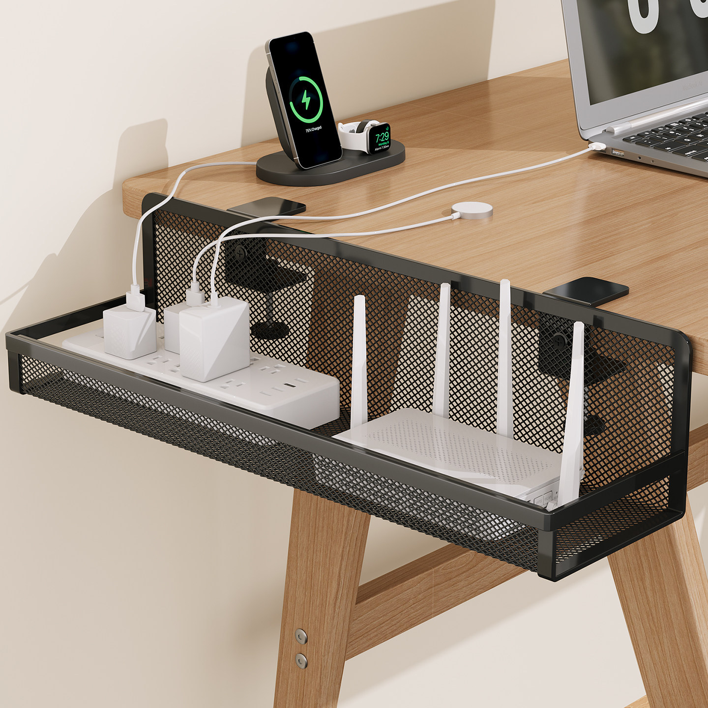 Plug-In Strip Holder, No-Drill Under-Desk Socket Bracket, Router Placement Rack, Under-Desk Cable Organizer, Power Strip Storage Box
