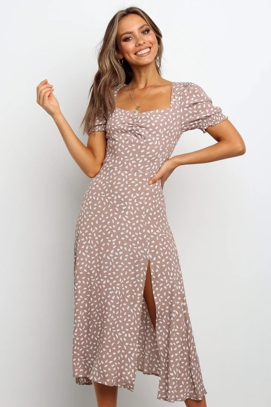 Short-Sleeved Square Collar Printed Hem Slit Mid-Length Dress NSJRM100198