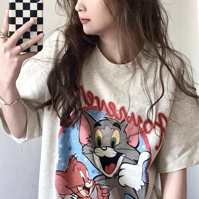 Cartoon Fun Pure Cotton Short-Sleeved Design Cartoon Tom and Jerry Round Neck T-Shirt Short-Sleeved Loose Top for Women Ins