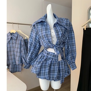 嚴選甜辣妹穿搭女早秋新款寬松洋派休閑 長袖藍色格子襯衫蓬蓬裙