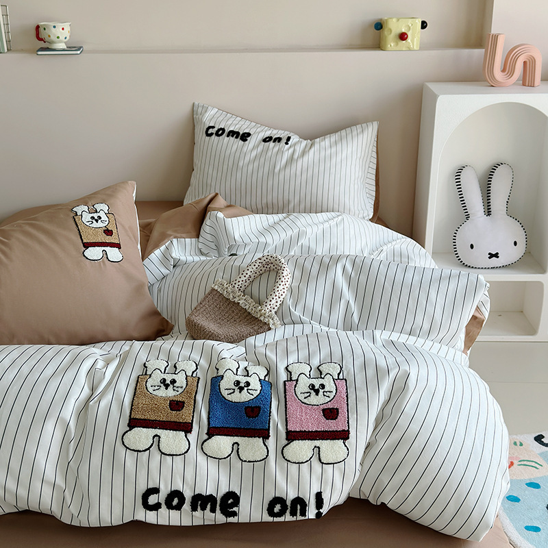 ins 漫画綿タオル刺繍 4 点セットかわいい綿刺繍コントラストカラー布団カバーシーツ子供寮寝具|undefined