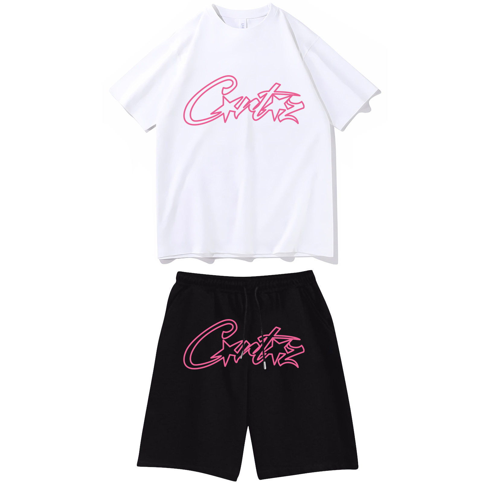 Cross-border Corteiz Alcatraz Rose Red Letter Print European and American Style Short-sleeved T-shirt Casual Shorts Couple Set