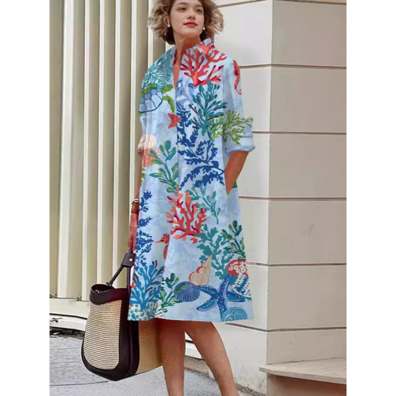 Foreign trade cross-border comfortable and stylish summer mid-length dress with 3D digital print, POLO collar, and over-the-knee shirt style Foreign trade cross-border comfortable and stylish summer mid-length dress with 3D digital print, POLO collar, and over-the-knee shirt style