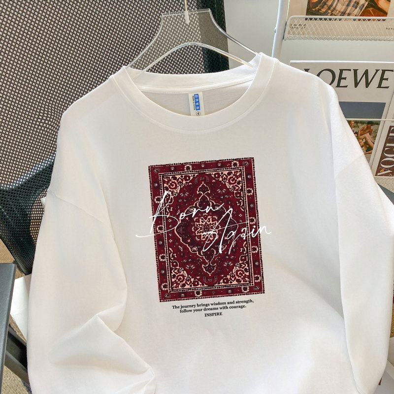 綿100%の長袖Tシャツ、レイジースタイル、多用途、ヨーロッパとアメリカンスタイル、初秋のファッションプリント、シックなレトロトップス、トレンディ|undefined