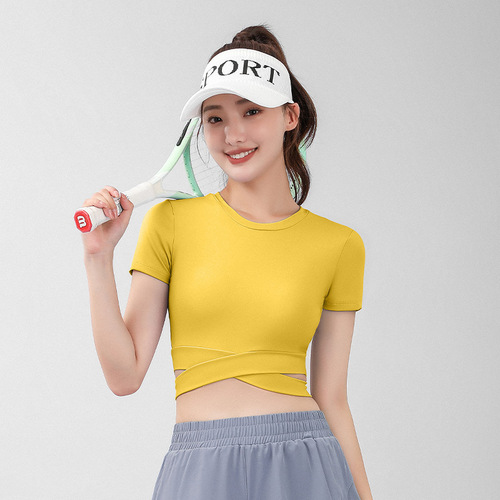 Juyitang peach navel cross short-sleeved summer slim yoga dress high-waist tight fitness top for women