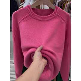 外贸女装百搭现货树莓粉色圆领套头针织衫上衣女秋冬打底毛衣