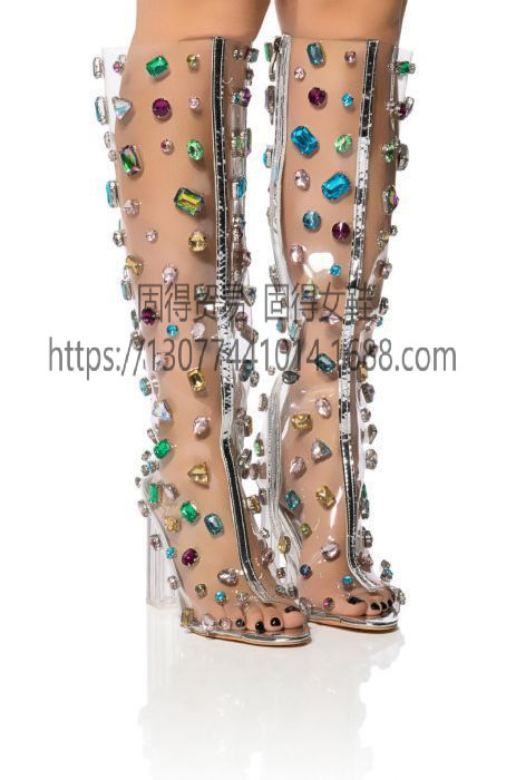 Cross-border independent station ins fashion catwalk transparent PVC open toe summer Boots women's shoes sandals Boots Rhinestone Cross-border independent station ins fashion catwalk transparent PVC open toe summer Boots women's shoes sandals Boots Rhinestone