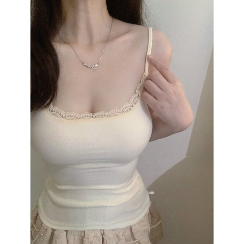 Sweet Style Lace-Trimmed Camisole with Built-In Bra Pads, Spring/Summer Bm Waist-Cinching Top That Enhances Bust Shape Sweet Style Lace-Trimmed Camisole with Built-In Bra Pads, Spring/Summer Bm Waist-Cinching Top That Enhances Bust Shape