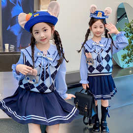 外贸2024女童秋季新款JK套装兔子警官三件套儿童JK裙毛衣马甲套装