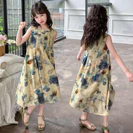 女童连衣裙夏装2026新款中大童宽松休闲无袖背心裙儿童洋气油画裙