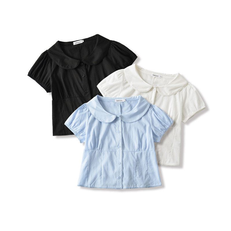 Girls' French-Style Academy White Doll Collar Shirt, Summer Short-Sleeve Puff Sleeve, Waist-Cinching Tie, Slim-Fit Short Top