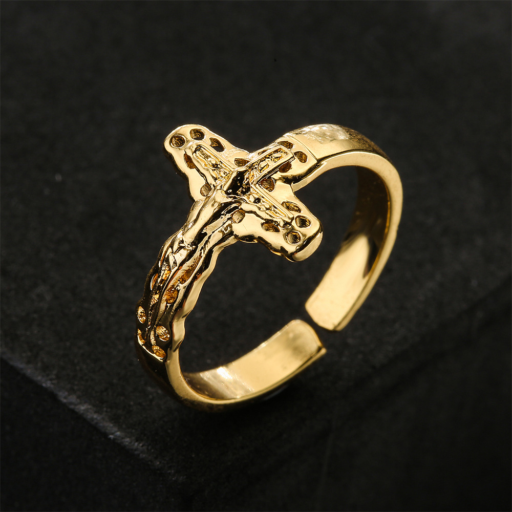 Europäischer Und Amerikanischer Religiöser Schmuck, Kupferplattiert Aus 18 Karat Gold Kreuz Jesus Form Offener Ring display picture 3