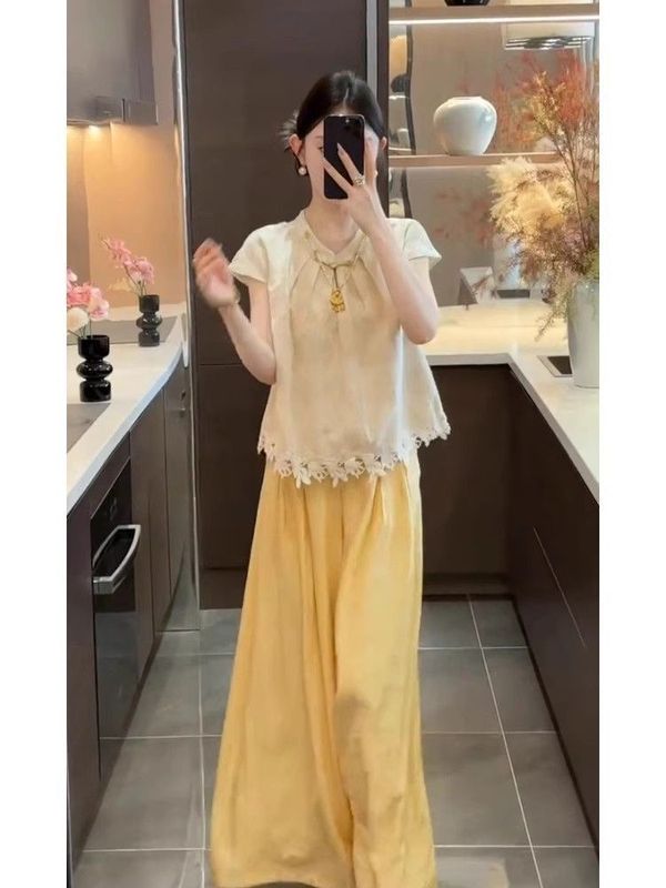 2025巨好看的夏装一整套女大码胖MM新中式国风雪纺衫阔腿裤子套装|undefined