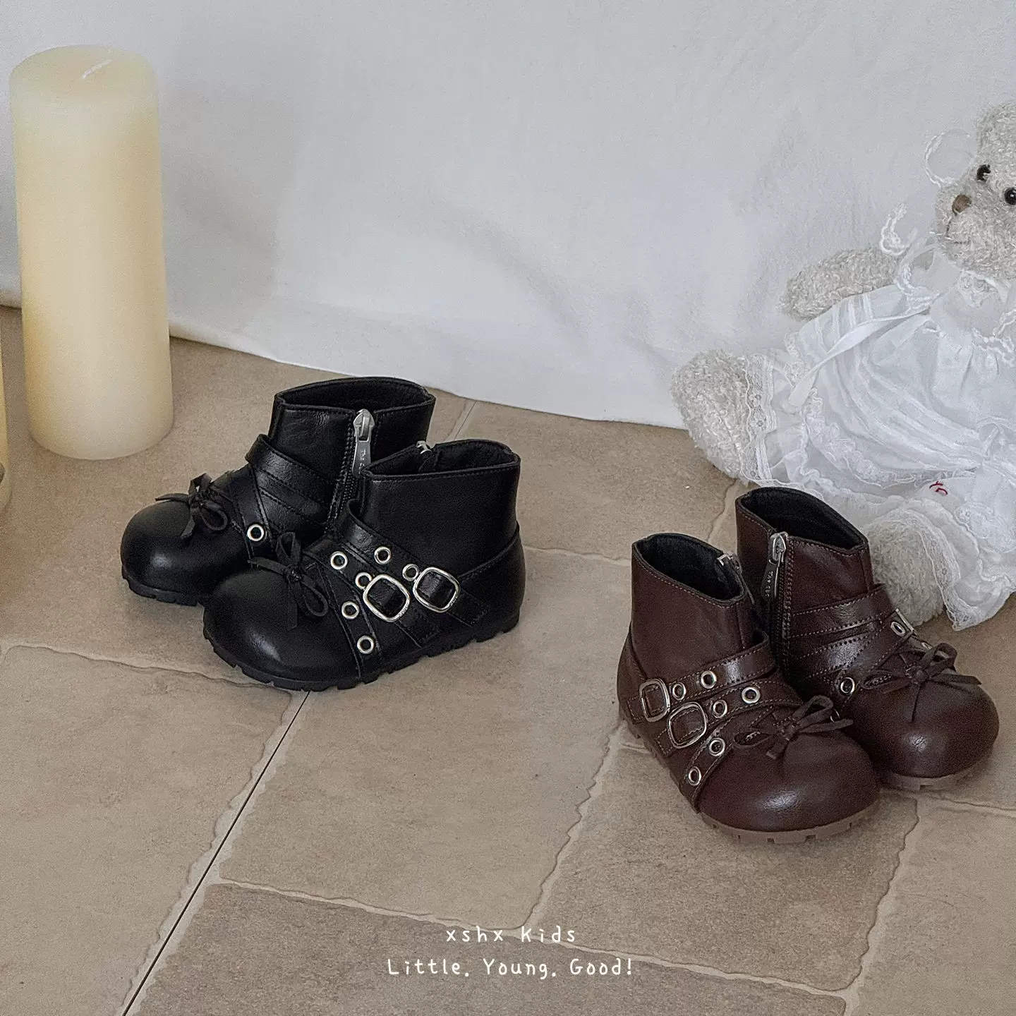 XSHX缪系朋克｜女童芭蕾风皮靴秋冬复古甜酷侧拉链亲肤舒适