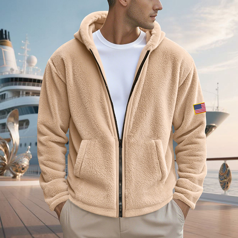 Suministro de comercio exterior 2023 hombres invierno nuevo terciopelo de doble cara caliente con capucha cremallera casual bandera logo chaqueta