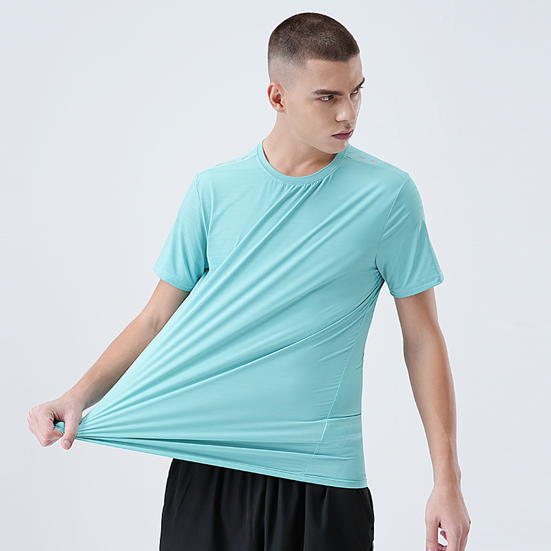 Camiseta de Manga Corta de Secado Rápido de Seda de Hielo para Hombre, Top Deportivo Delgado, Ropa de Entrenamiento Elástica para Exteriores