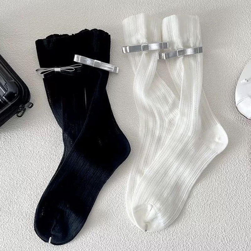 Women's Mid-Calf Socks, Thin Hollow Mesh Summer Socks with Leather Bow Decorations, European Lolita Style Women's Socks Women's Mid-Calf Socks, Thin Hollow Mesh Summer Socks with Leather Bow Decorations, European Lolita Style Women's Socks